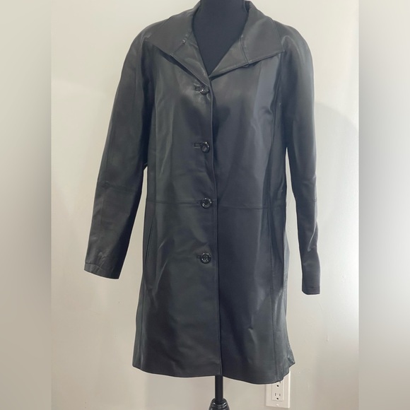 East 5th L Women's Black Leather Button Down Coat w Pockets 596 - Picture 1 of 8